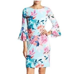 Calvin Klein Romantic Floral Dress Bell Sleeve Feminine Stretch Knee Length Sz 8